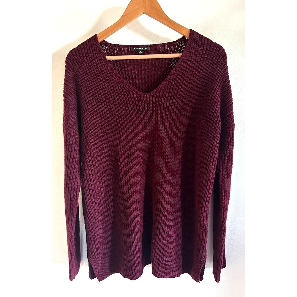 Staccato Women's Medium Red Burgundy Maroon Open Knit Sweater V-Neck Soft Cozy